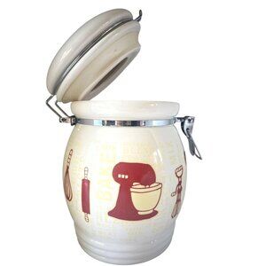 Retro Kitchen Canister Ceramic Hinged Lid Gasket Baking Pattern White Yellow Red